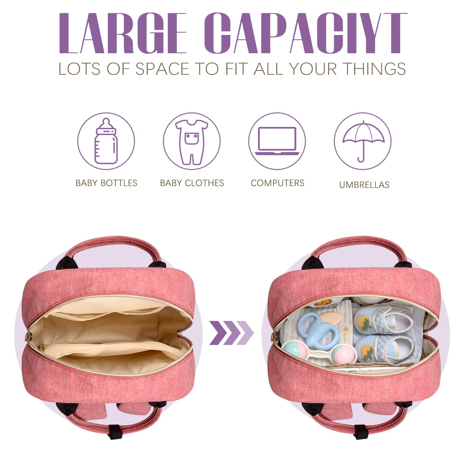 Tuwubi diaper bag backpack interior organization showing 13 pockets and separate bottle sleeves for efficient packing