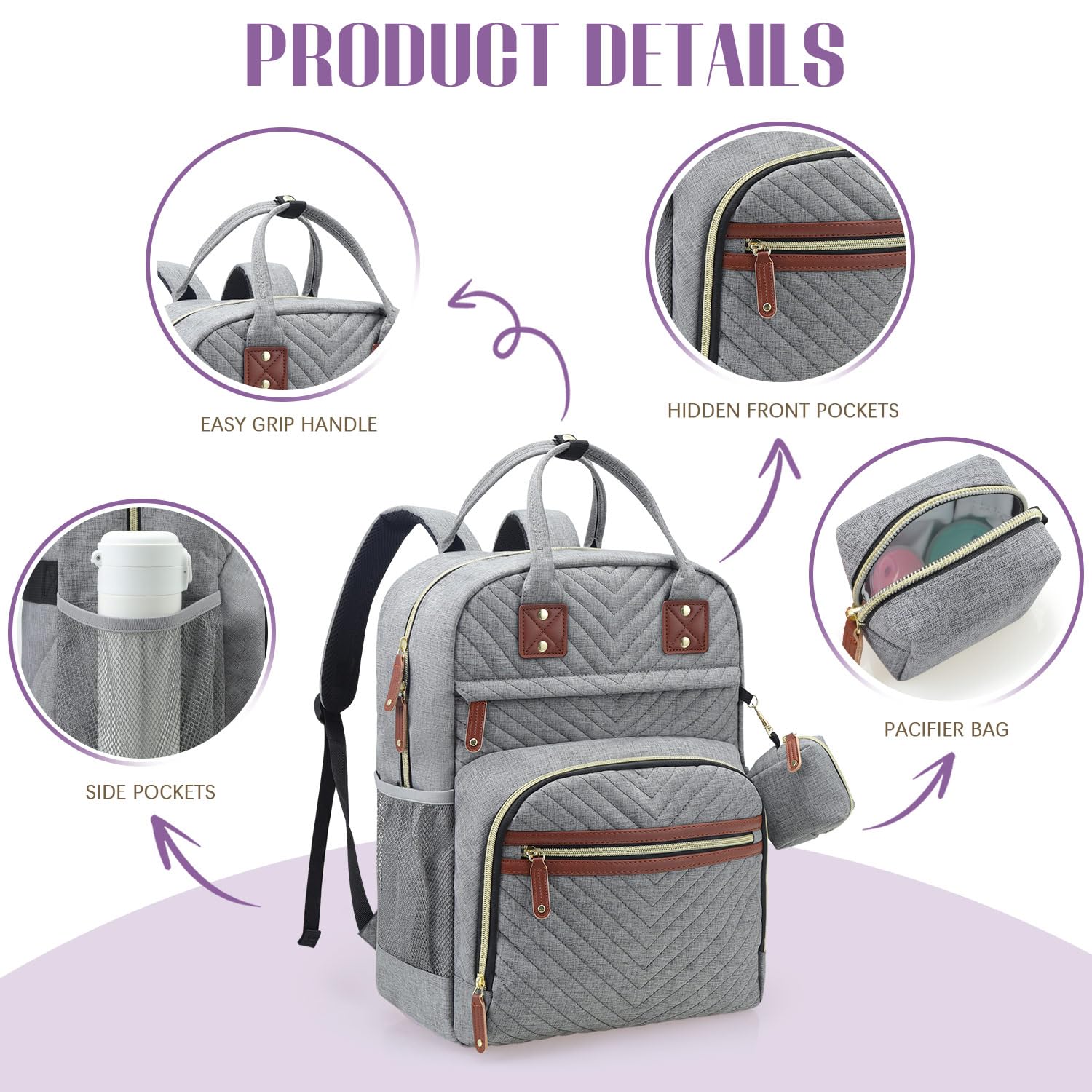 Tuwubi Diaper Bag Backpack Grey insulated-bottle pockets keep drinks cool