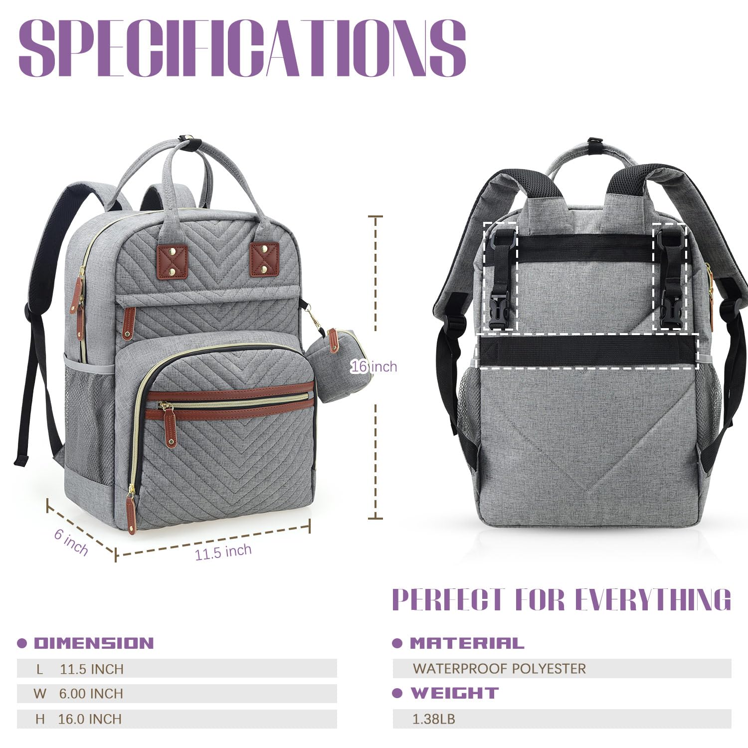 Tuwubi Diaper Bag Backpack Grey pacifier-wet-bag combo keeps items organized