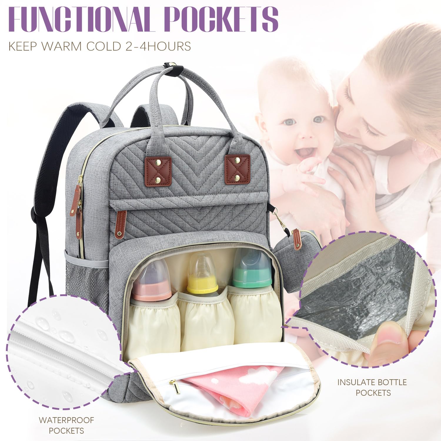 Tuwubi Diaper Bag Backpack Grey stroller-straps enable hands-free strolling