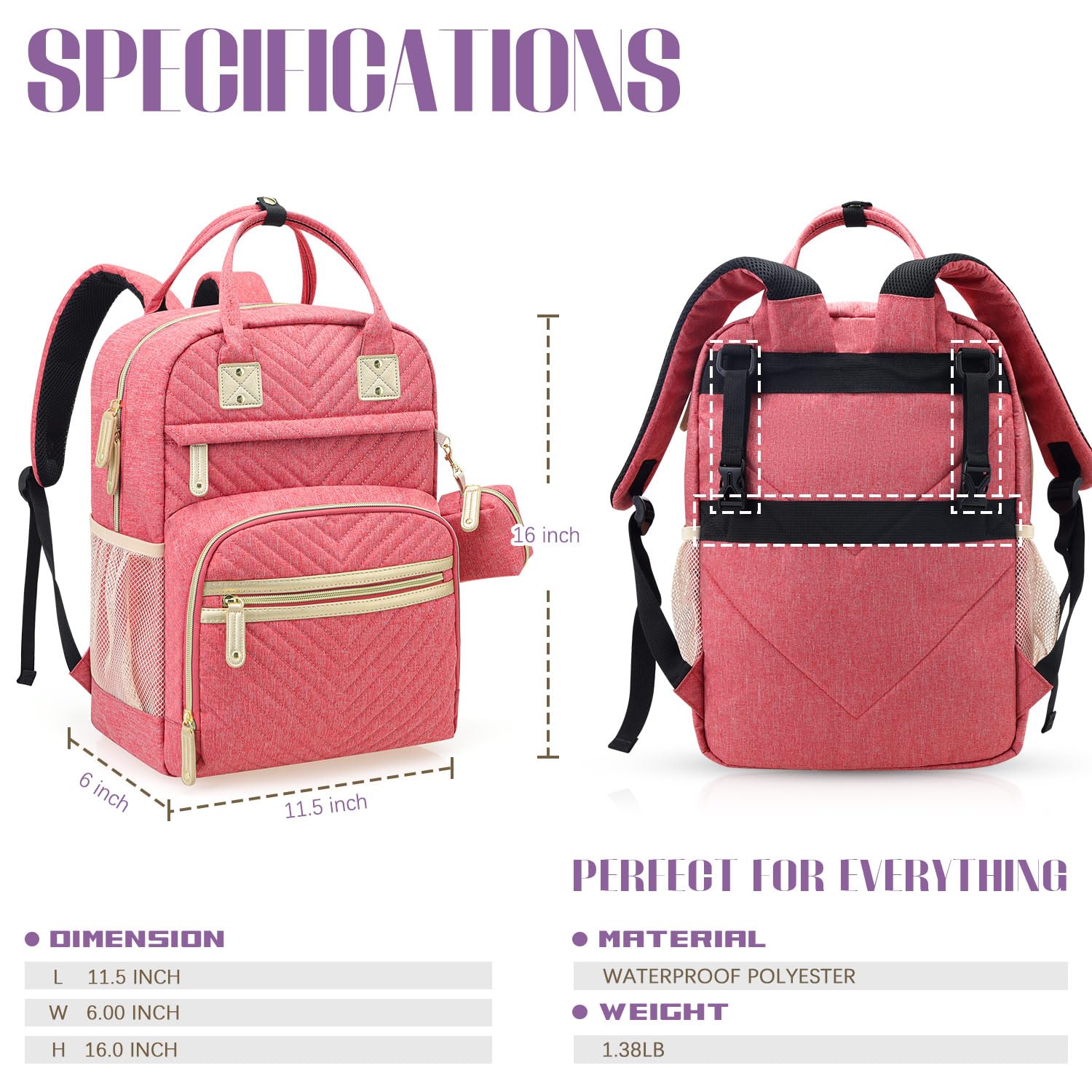 Tuwubi diaper bag backpack pink ready for travel, compatible with luggage trolley strap