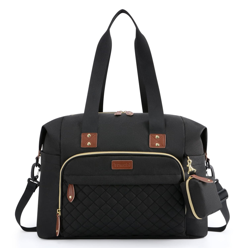 Tuwubi diaper bag tote front view with roomy compartments for quick access.