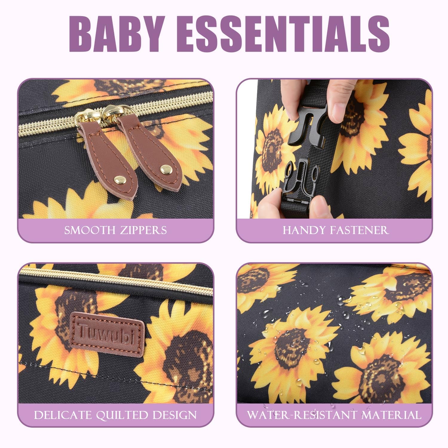 Tuwubi diaper bag tote Insulated bottle pockets maintain bottles at ideal temp for feed times.
