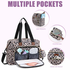 Tuwubi diaper bag tote leopard print highlights insulated bottle pockets for warm or cool feeds.