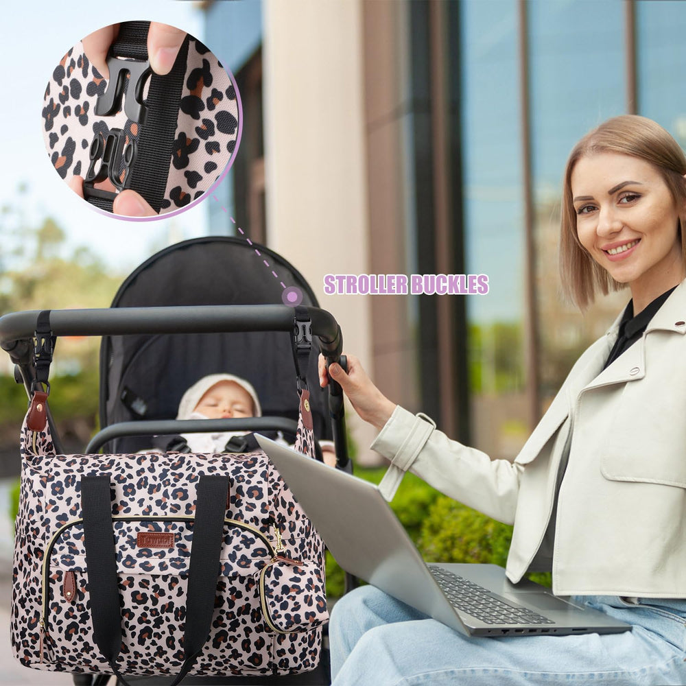 Tuwubi leopard tote features a back luggage sleeve for easier travel.