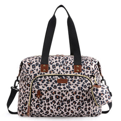 Tuwubi diaper bag tote leopard print shows spacious main compartment for essentials.