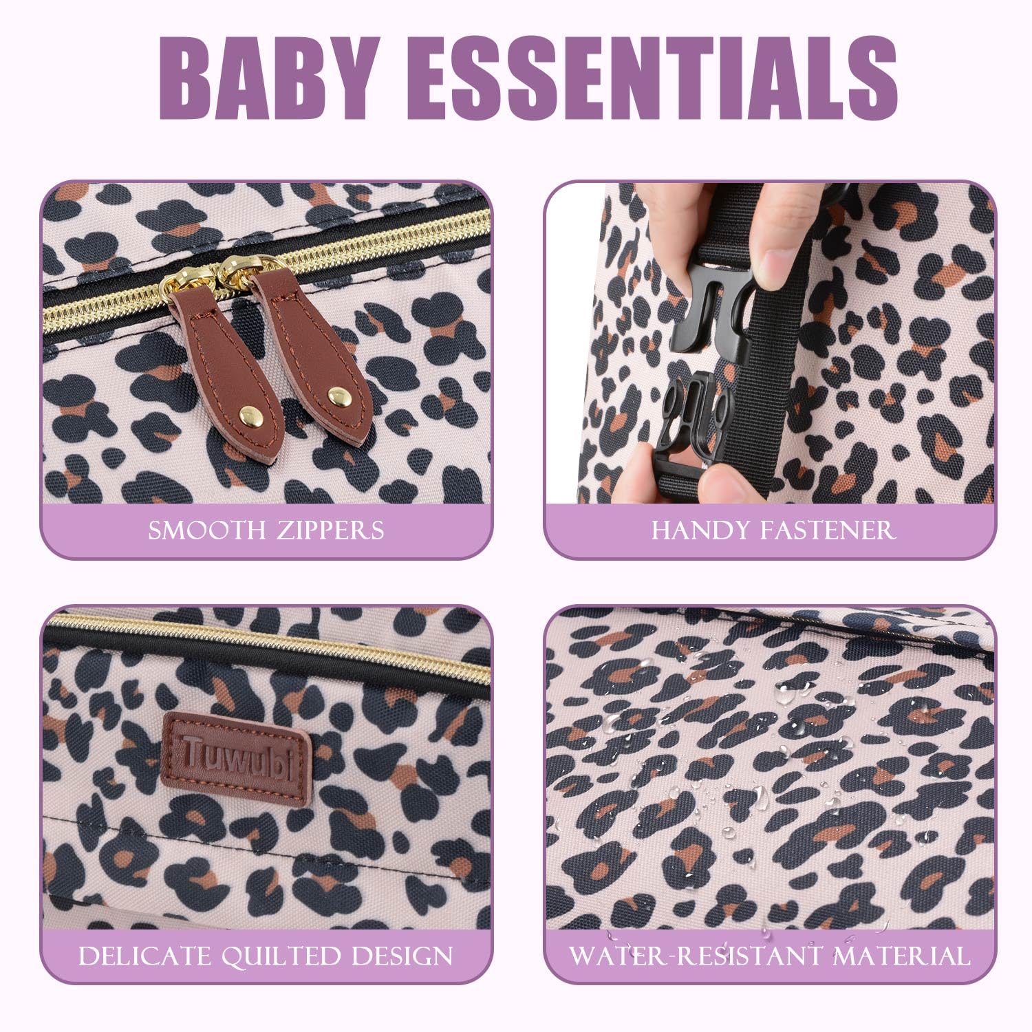 Tuwubi diaper bag tote leopard print showcases durable, waterproof fabric for rainy-day outings.