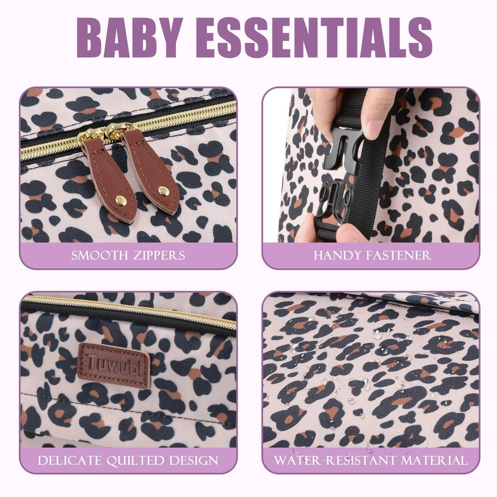 Tuwubi diaper bag tote leopard print showcases durable, waterproof fabric for rainy-day outings.