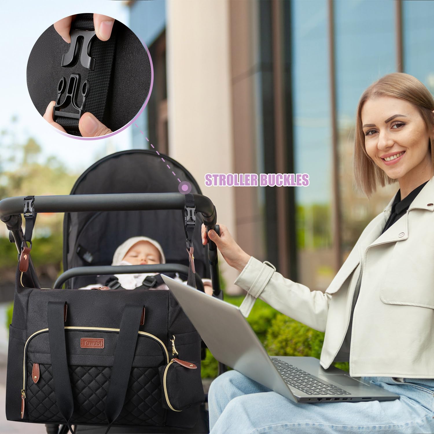 Tuwubi Diaper Bag Tote luggage sleeve eases travel with a suitcase handle.