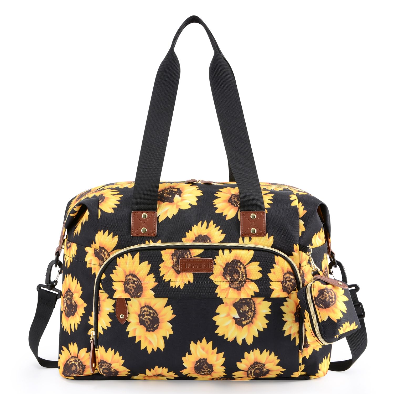Tuwubi diaper bag tote Sunflower main compartment keeps baby essentials organized on the go for quick access.