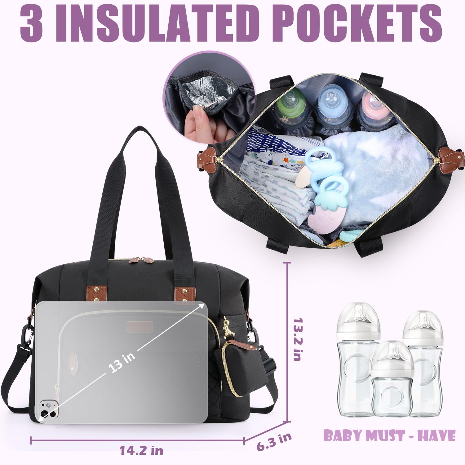 Tuwubi Diaper Bag Tote waterproof fabric protects belongings in rain or spills.