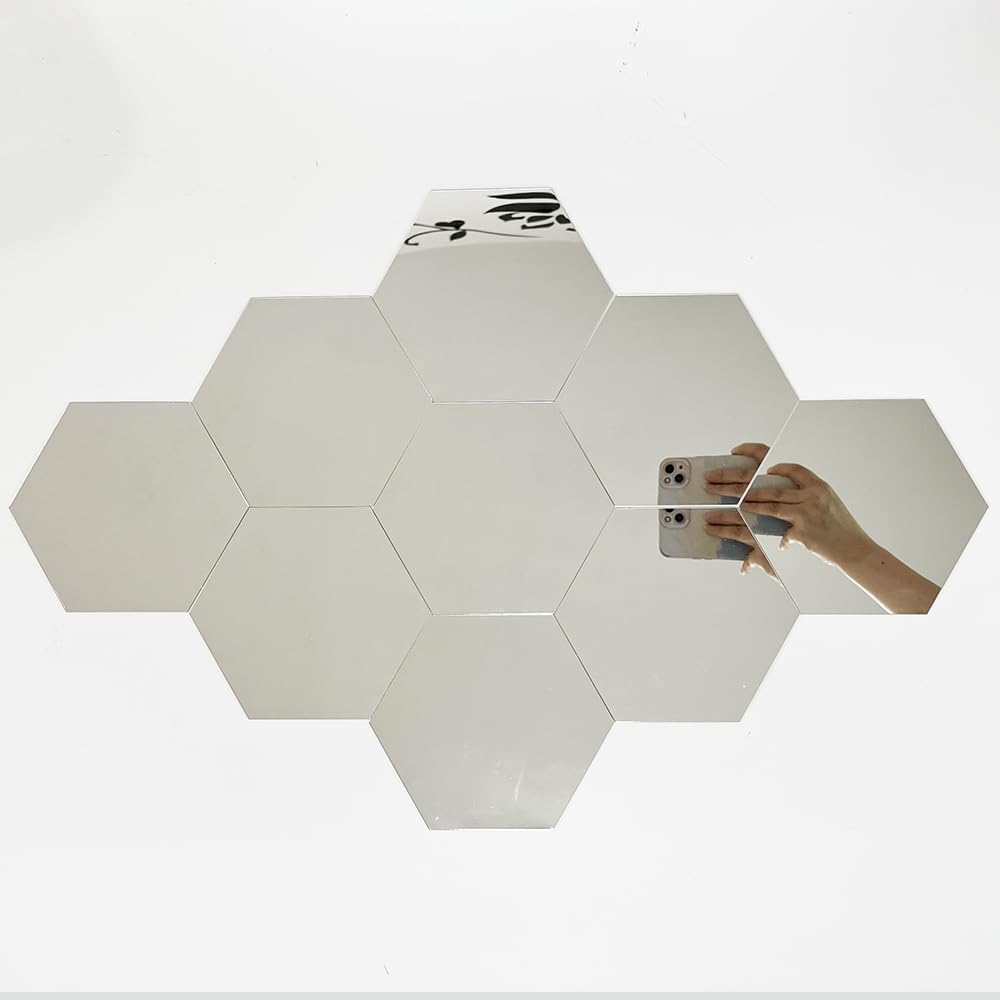 TVPHLLY hexagon silver mirror wall sticker adds reflective light and depth to any room.