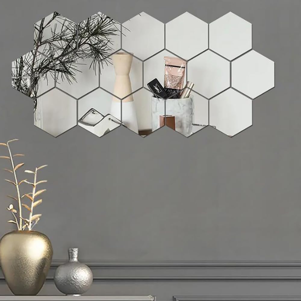 TVPHLLLY hexagon silver mirror wall sticker creates a chic backdrop ideal for photos.