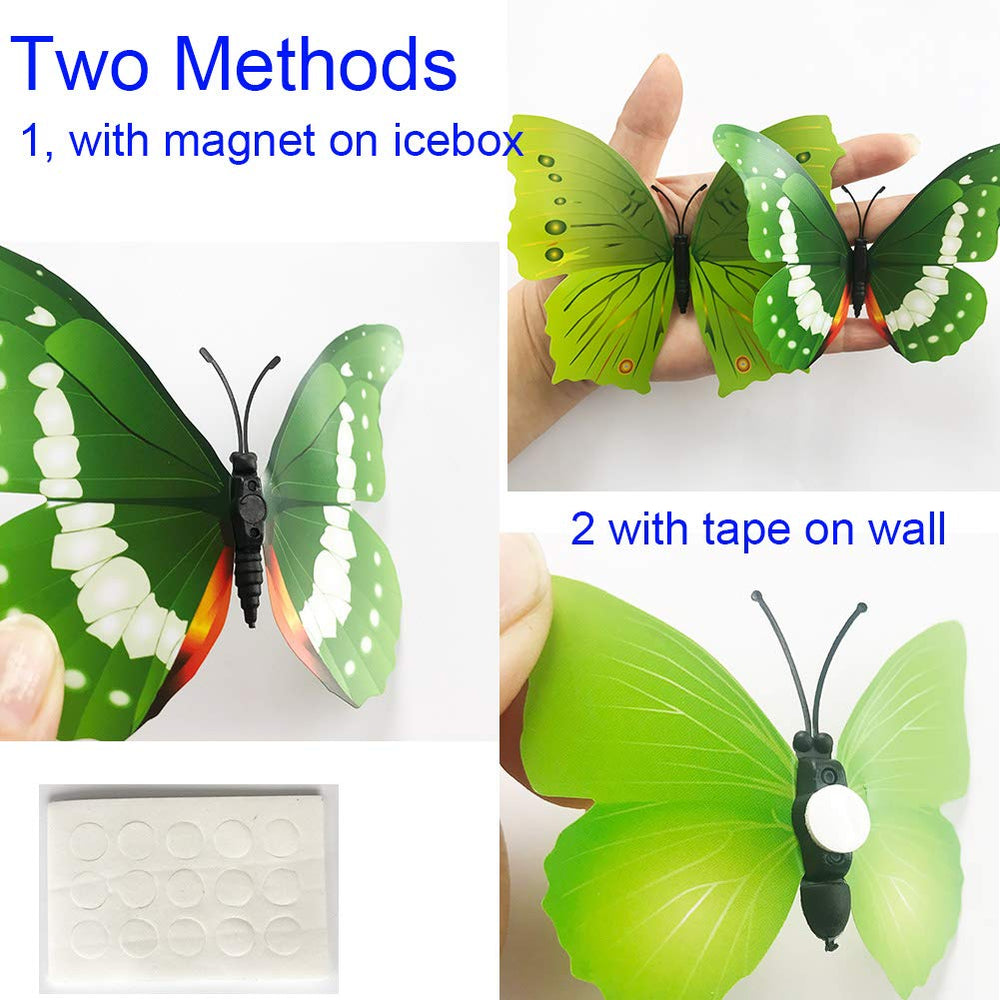 TVPHLLY 3D butterfly wall stickers magnets and glue enable versatile placement on multiple surfaces.