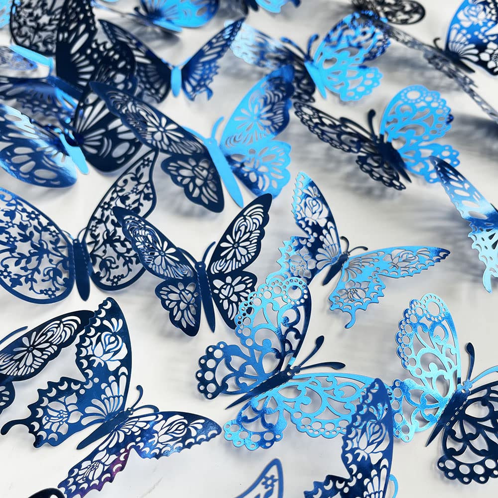 TVPHLLY blue butterfly decals mounted on a wall create a magical party backdrop option.