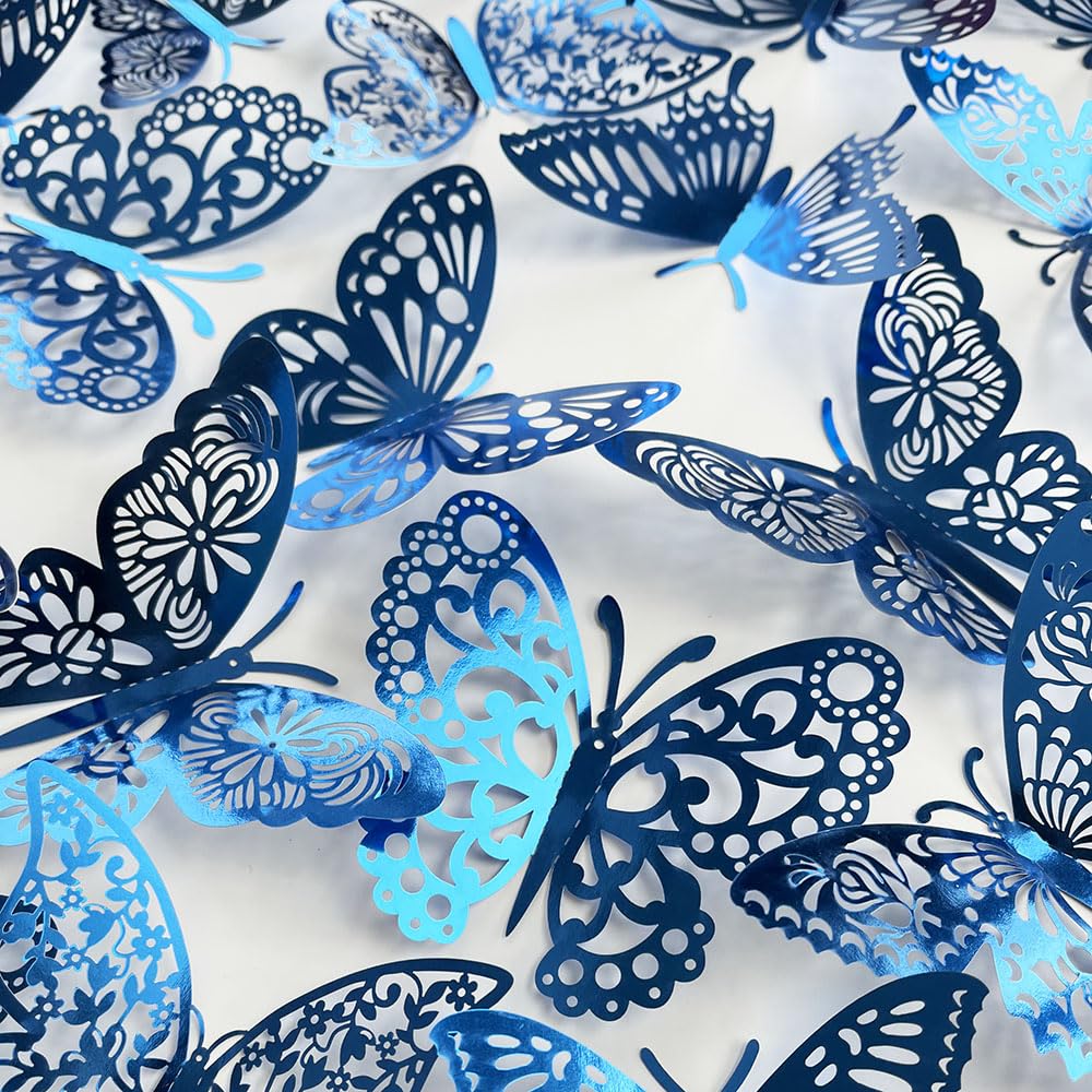 TVPHLLY blue butterfly wall art shown on smooth surfaces for nursery and classroom decor.