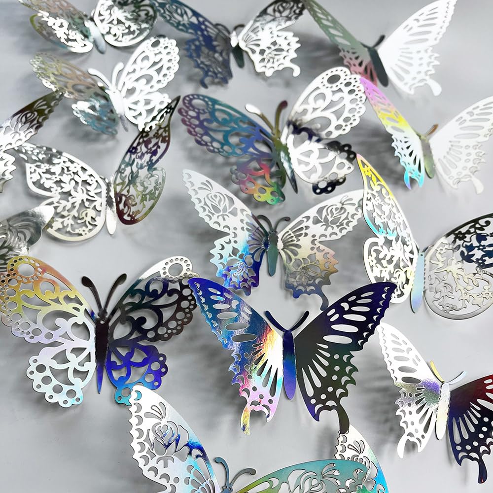 TVPHLLY silver butterfly assembly on wall creates whimsical mural.