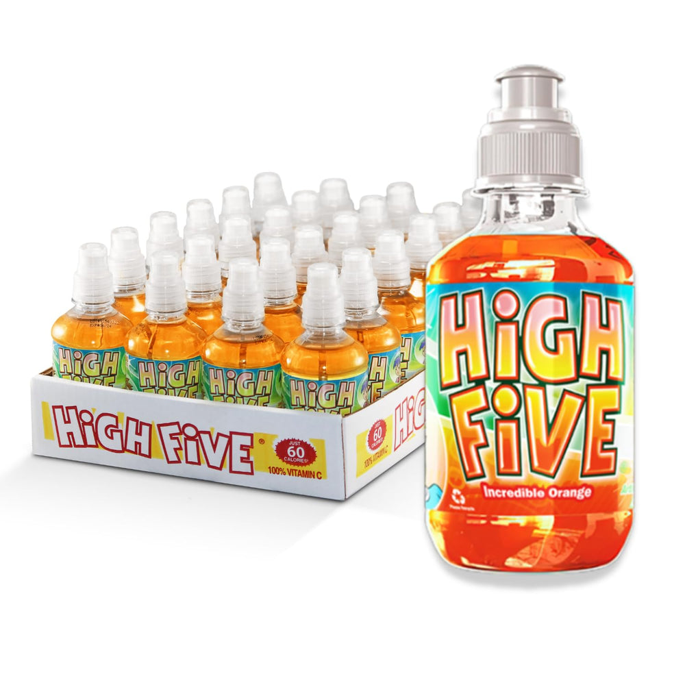 Tweaker High Five orange juice bottle front view showing vitamin C-powered hydration for kids