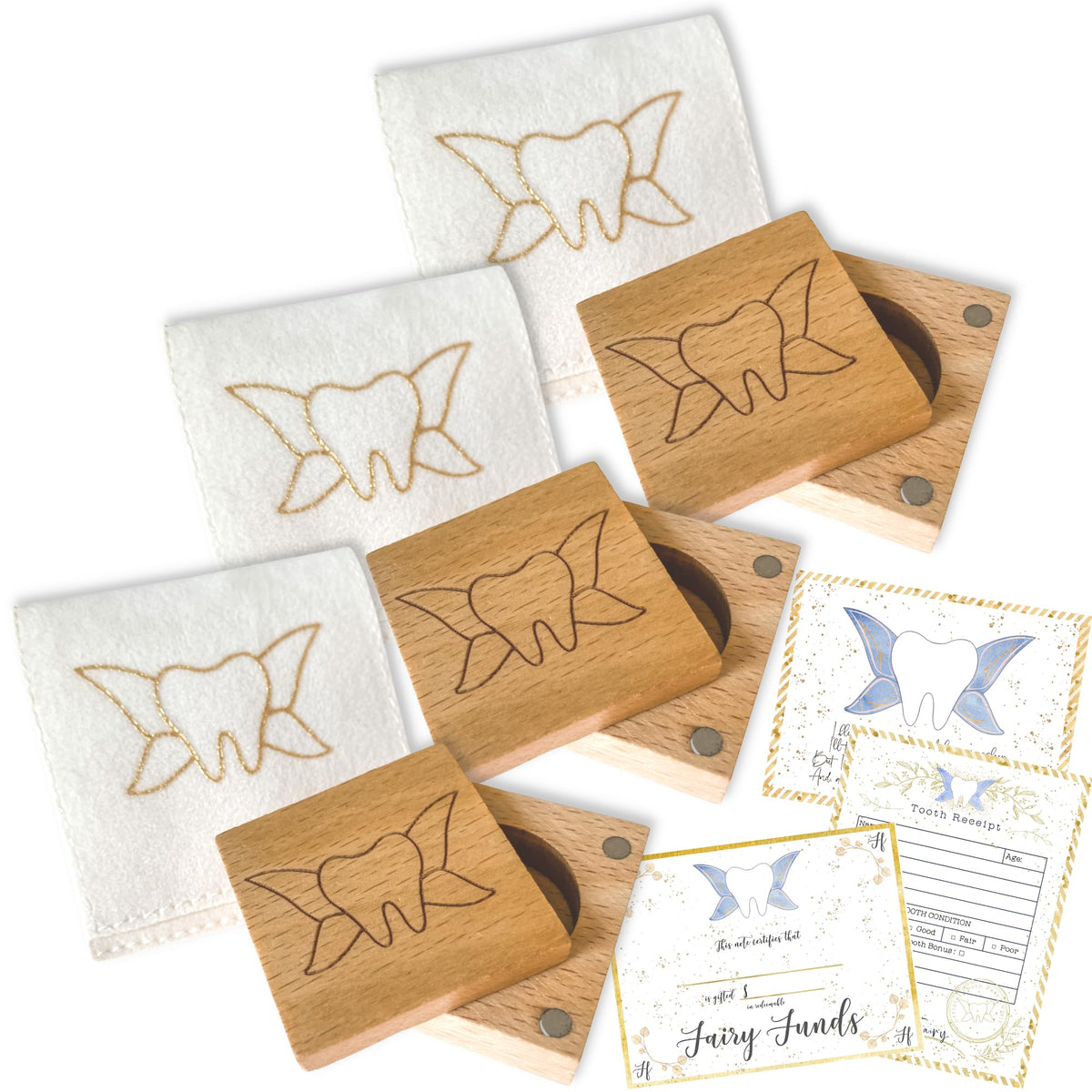 Twenty Moments of Tooth Tooth Fairy Box on beech wood keeps precious teeth safe by the nightstand.