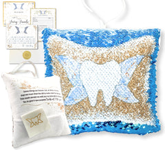 Twenty Moments of Tooth pillow with blue sequins for magical tooth fairy rituals.
