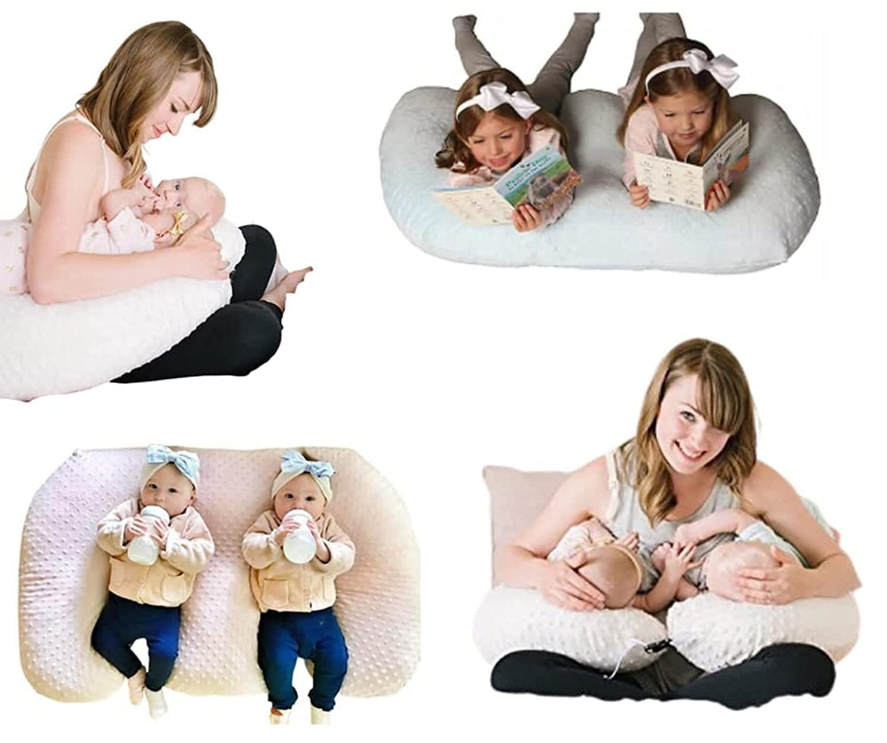 Twin Z Pillow Grey breastfeeding setup provides ergonomic twin feeding support.