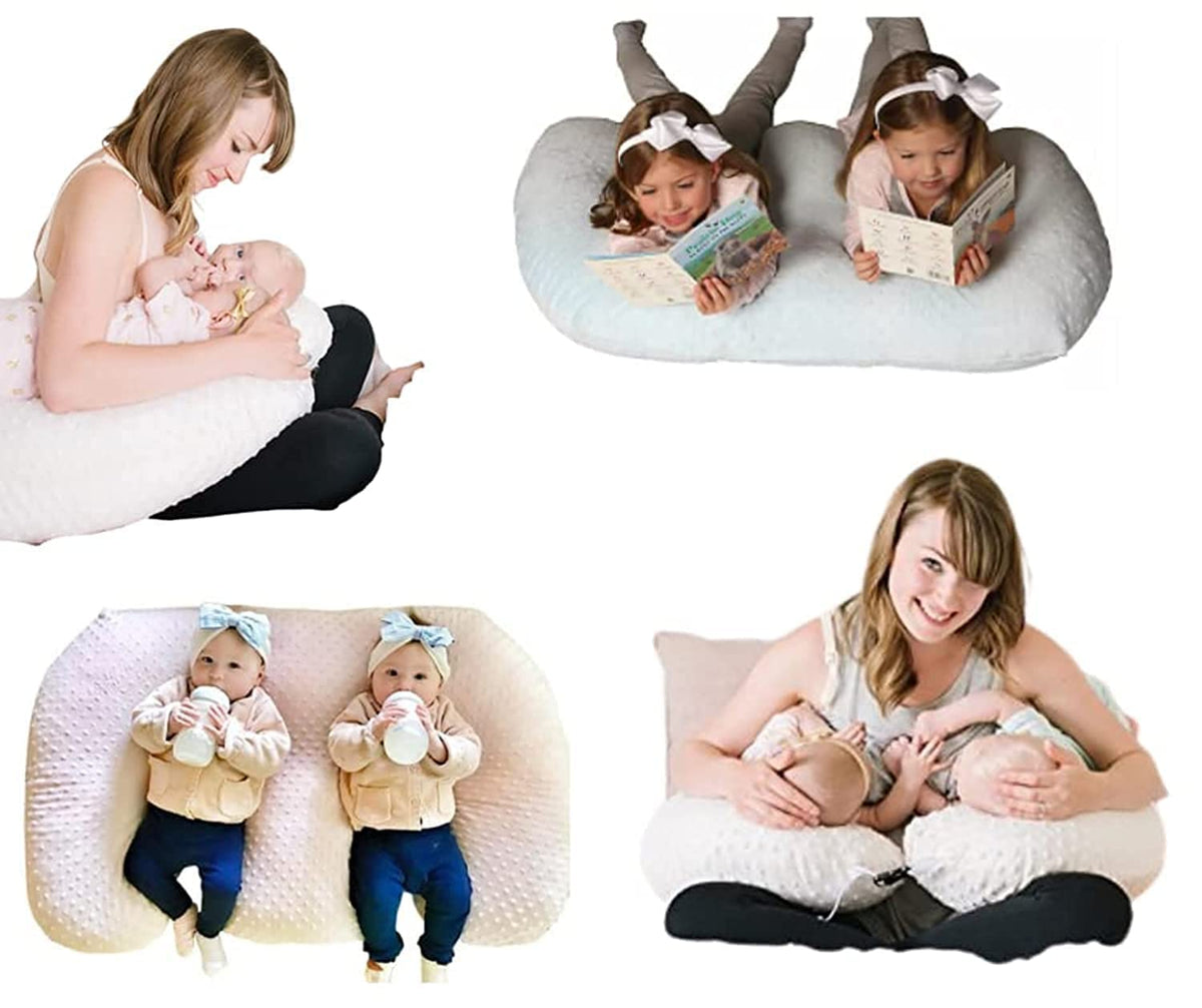 Twin Z Pillow Grey breastfeeding setup provides ergonomic twin feeding support.