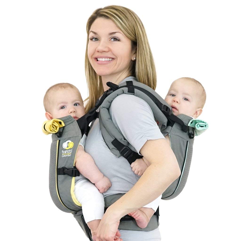 TwinGo Air Model in Cool Grey offers breathable, adjustable tandem support for twins or two babies.