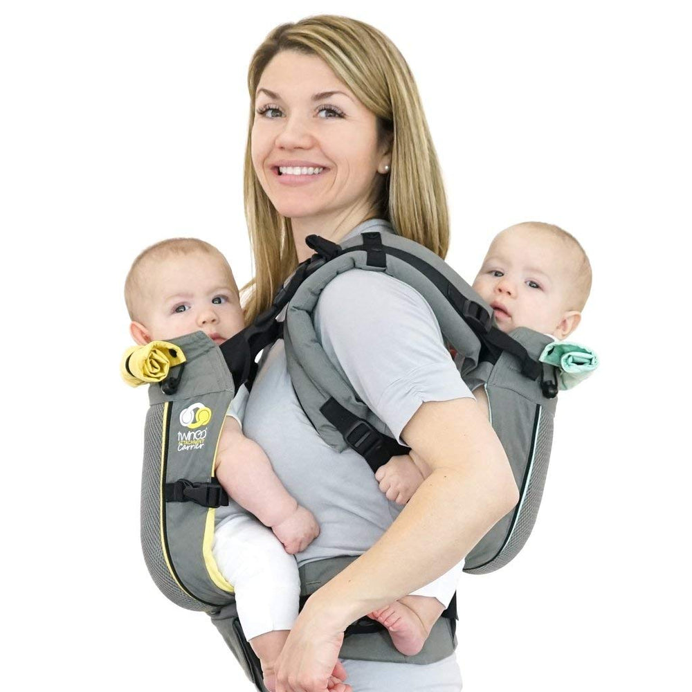 TwinGo Air Model in Cool Grey offers breathable, adjustable tandem support for twins or two babies.