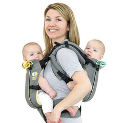 TwinGo Air Model in Cool Grey offers breathable, adjustable tandem support for twins or two babies.