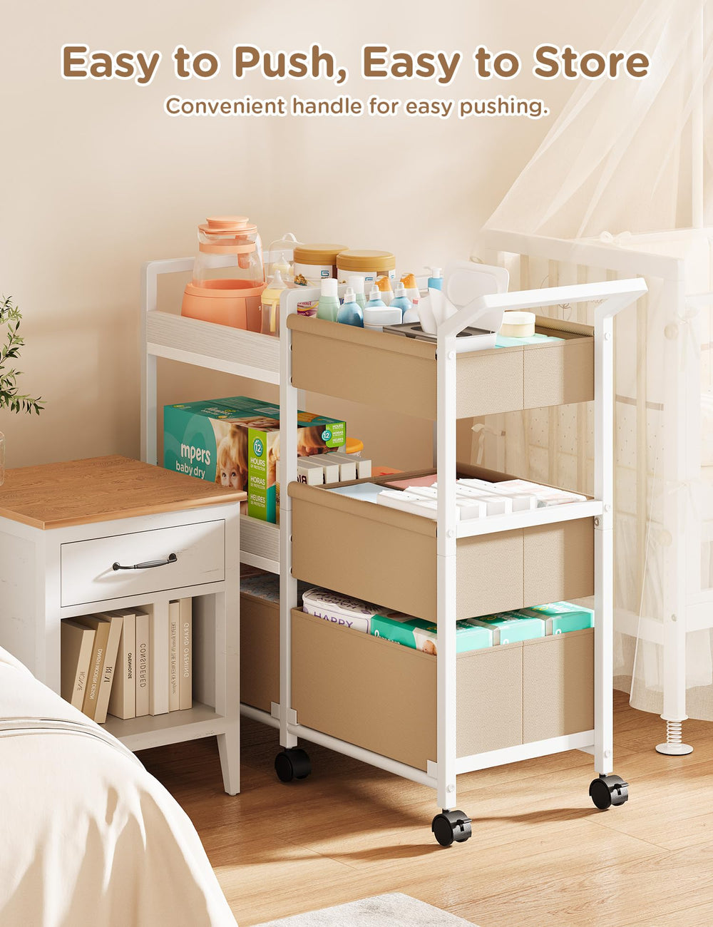Twinkoo 3-tier rolling cart with drawers demonstrates large-capacity storage for wipes and clothes