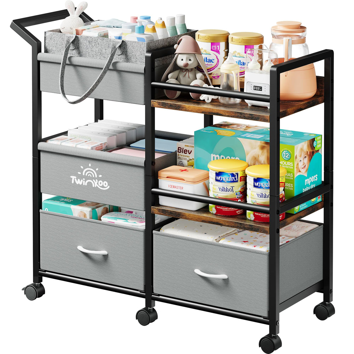 Twinkoo 3-tier rolling diaper caddy cart front view keeps diapers and wipes within reach.