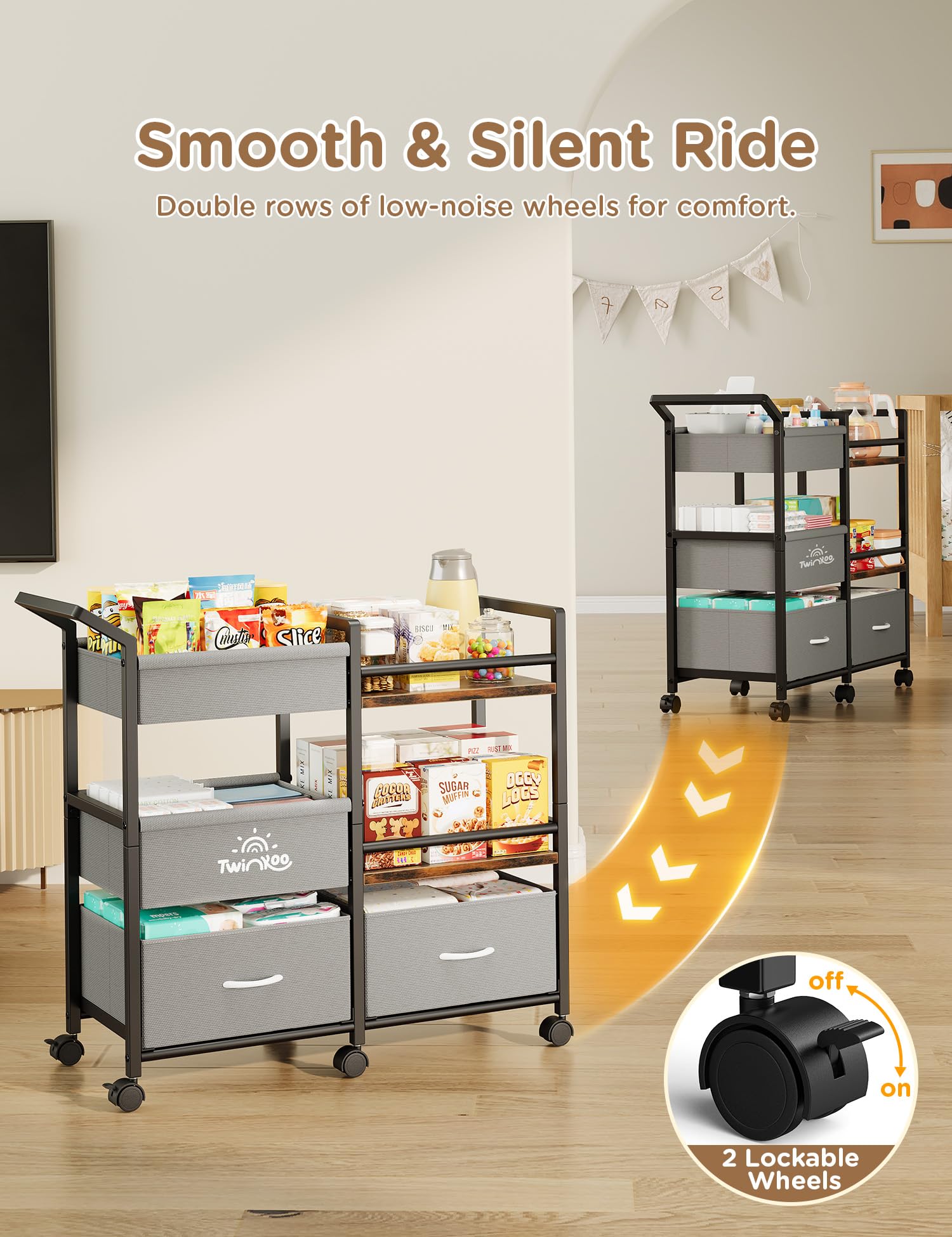Twinkoo 360-degree wheels provide smooth mobility with lockable brakes.