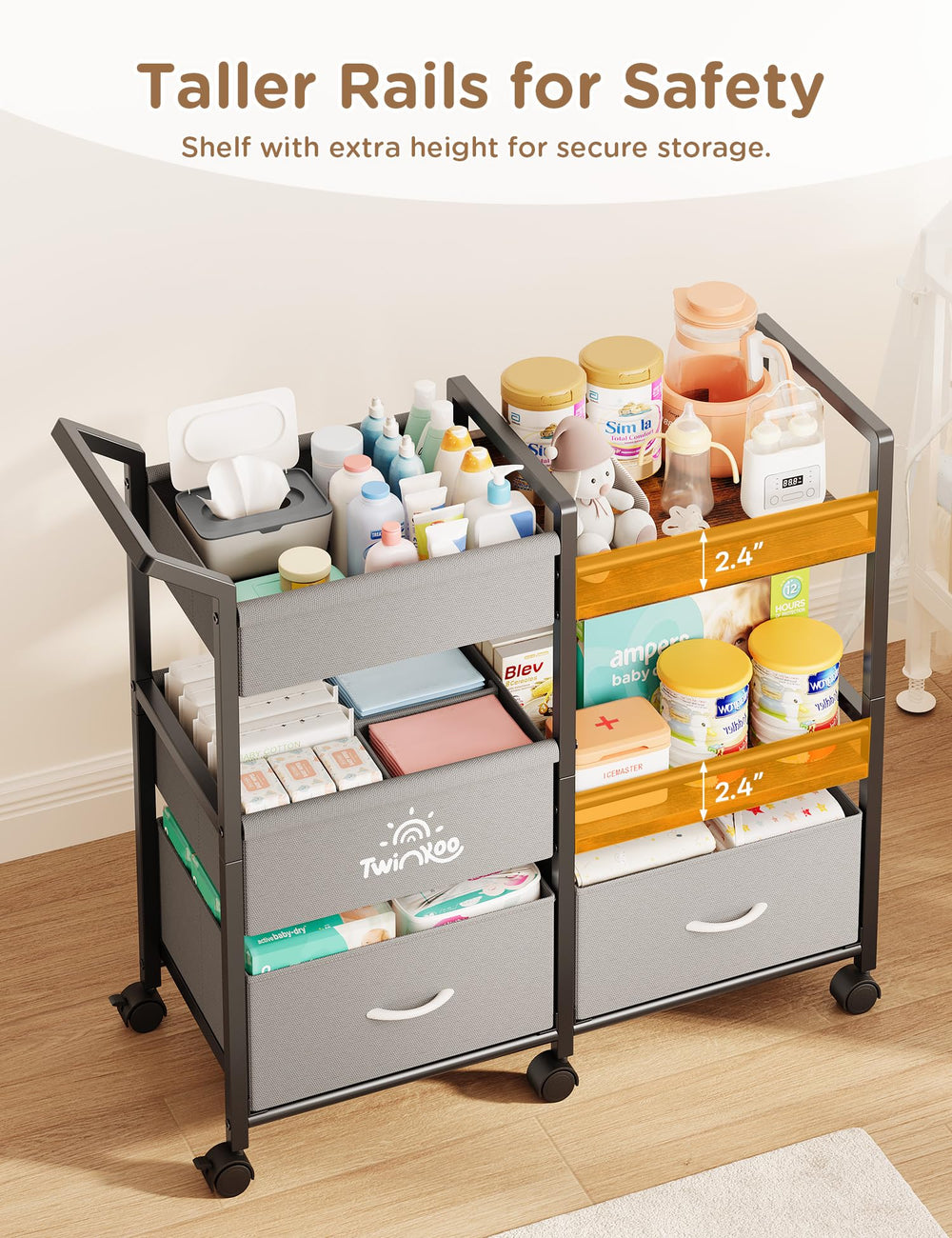 Twinkoo nursery layout shows cart beside crib for quick-access nursery essentials.