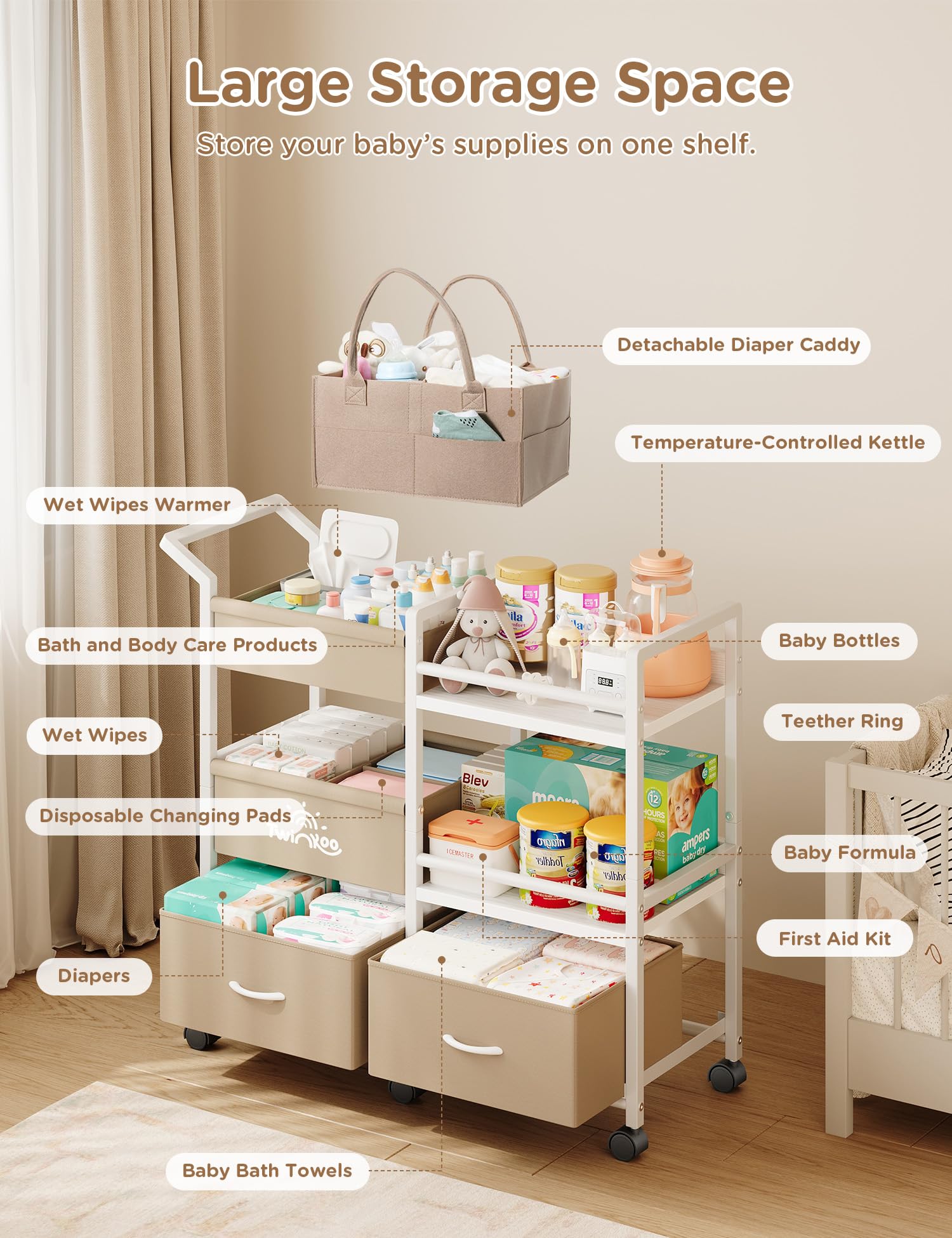 Twinkoo detachable basket highlights portable diaper organizer and mobile changing station