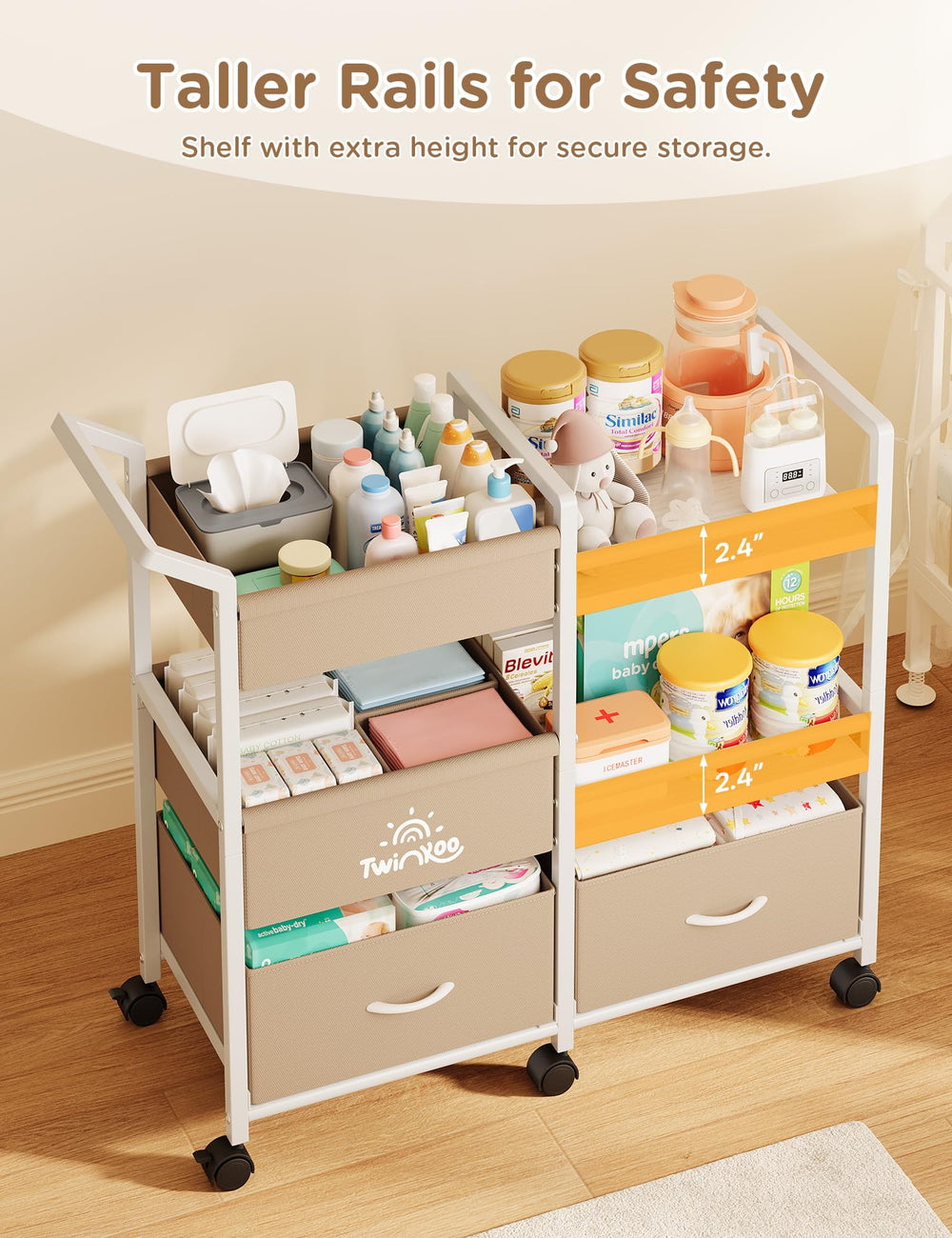 Twinkoo bedside cart with wood shelves supports quick access to creams and toys