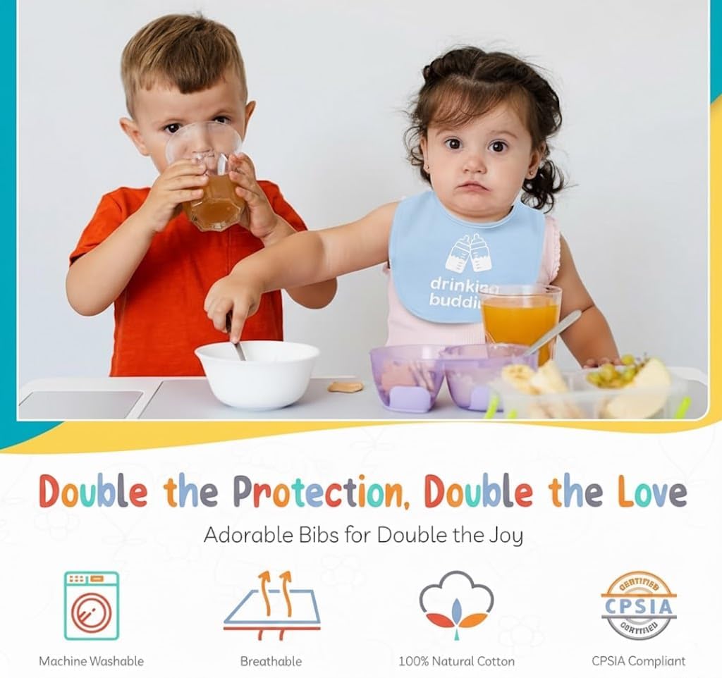 Twinstuff Drinking Buddies twin bibs sized 12x9.5 inches for easy coverage.