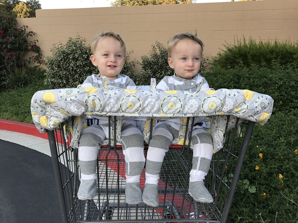 Twinventions Cart Cover used on a high chair for mess-free meals while away from home