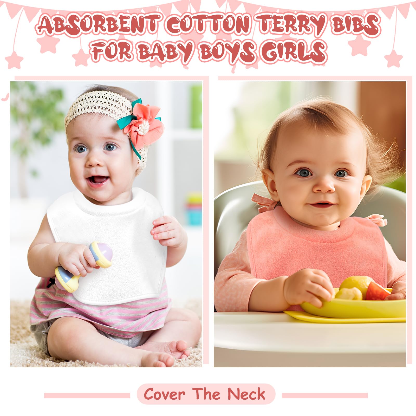 Twistover adjustable snaps keep bib in place during feeding