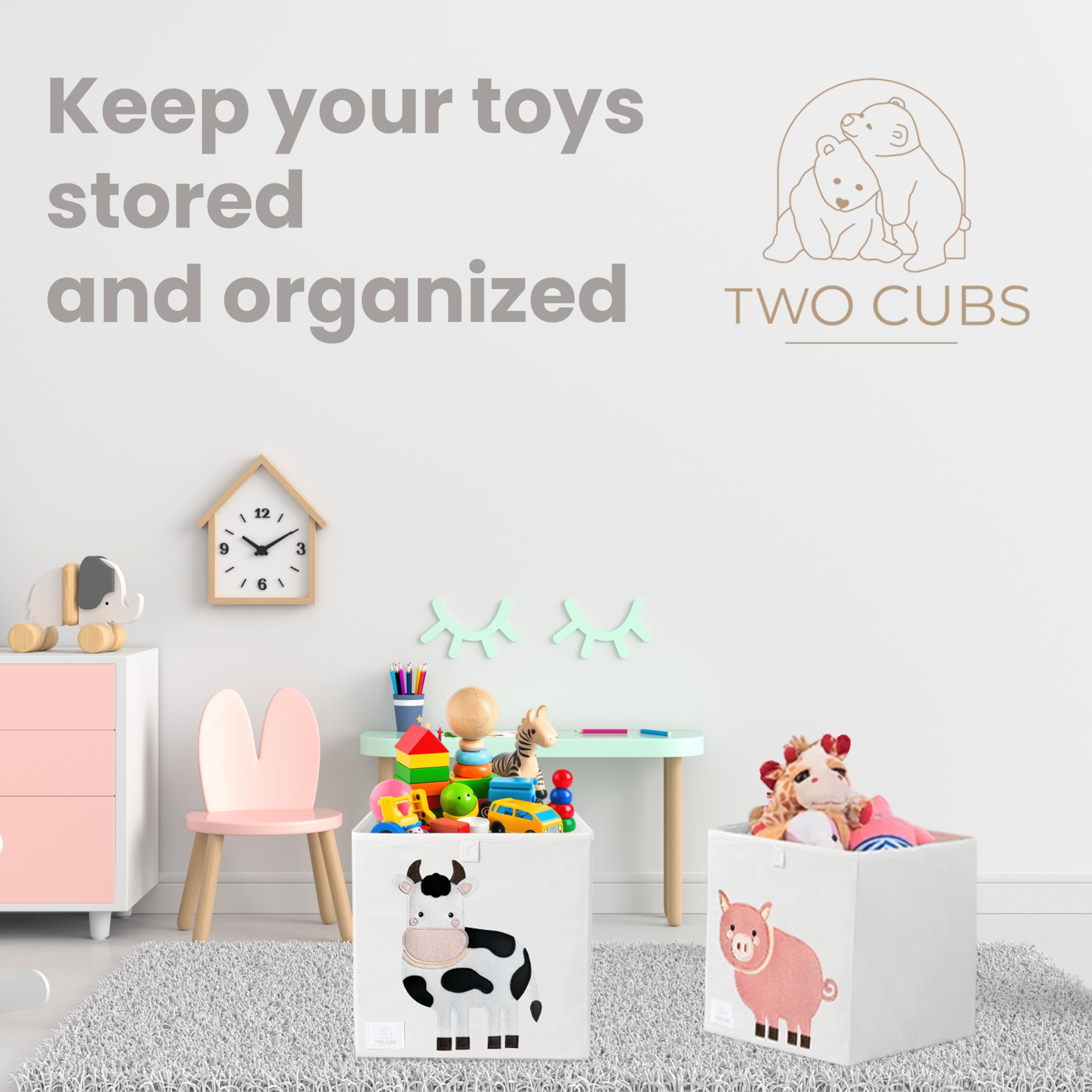 Two Cubs foldable toy storage box animal appliques add charm and easy categorization.