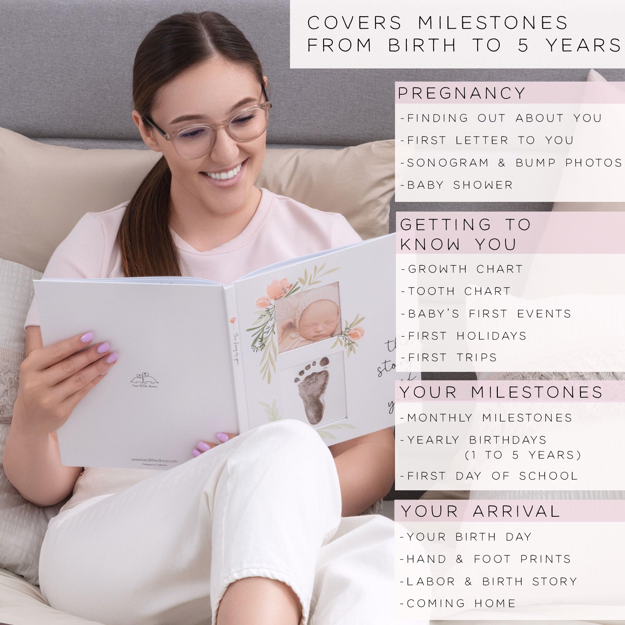 Two Little Dinos monthly milestones pages track baby's growth