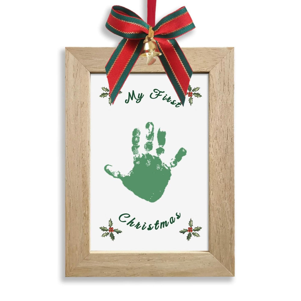 TwoDays Baby’s First Christmas Ornament frame featuring a wooden 4x6 display ready for a handprint keepsake.