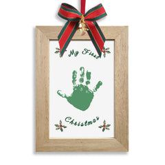 TwoDays Baby’s First Christmas Ornament frame featuring a wooden 4x6 display ready for a handprint keepsake.