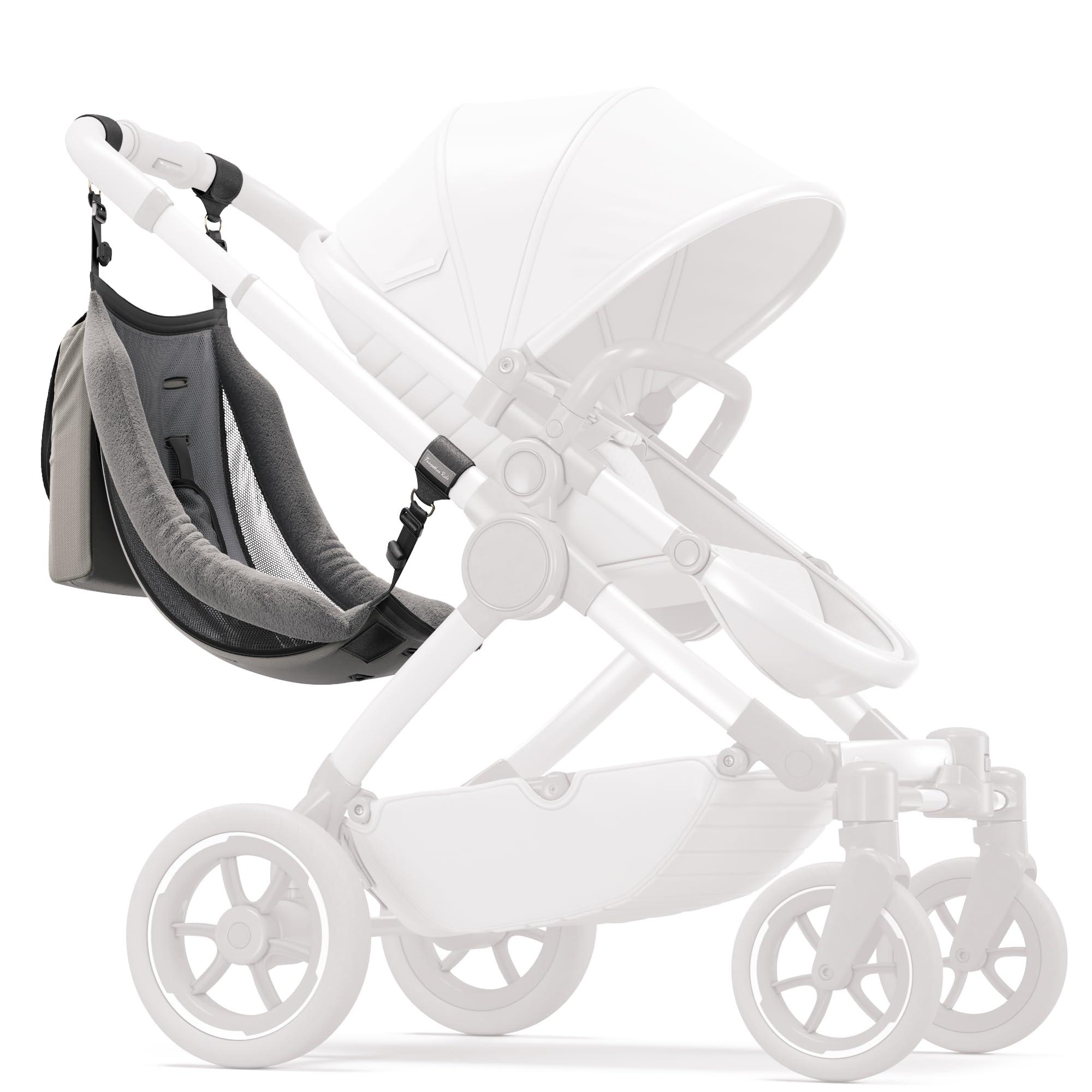 Twogether Ride hammock seat attachment—front view showing double-stroller versatility for infant and toddler rides