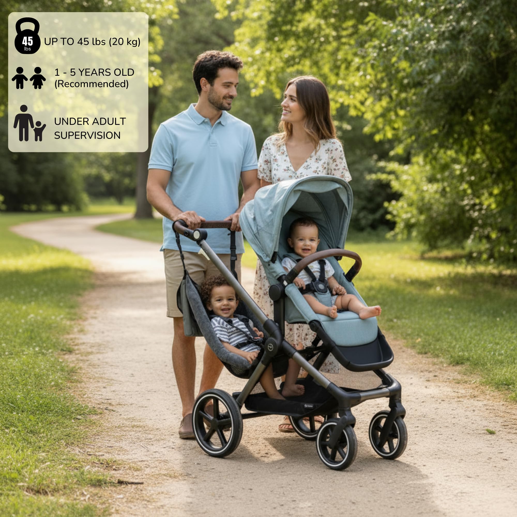 Twogether Ride hammock seat attachment in use on a stroller, enabling a secure toddler seat during travel