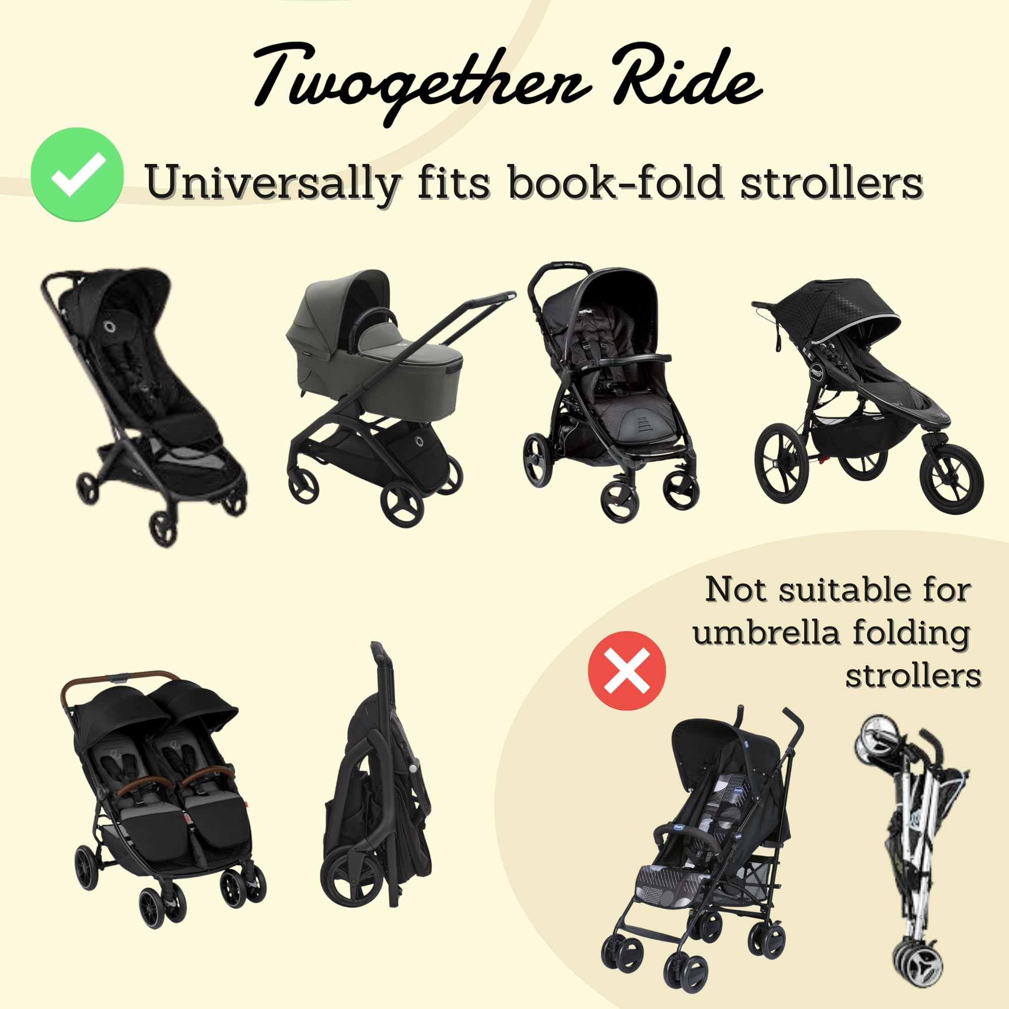 Twogether Ride hammock seat attachment illustrating infant and toddler compatibility on family outings