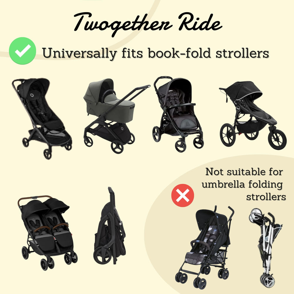 Twogether Ride hammock seat attachment illustrating infant and toddler compatibility on family outings