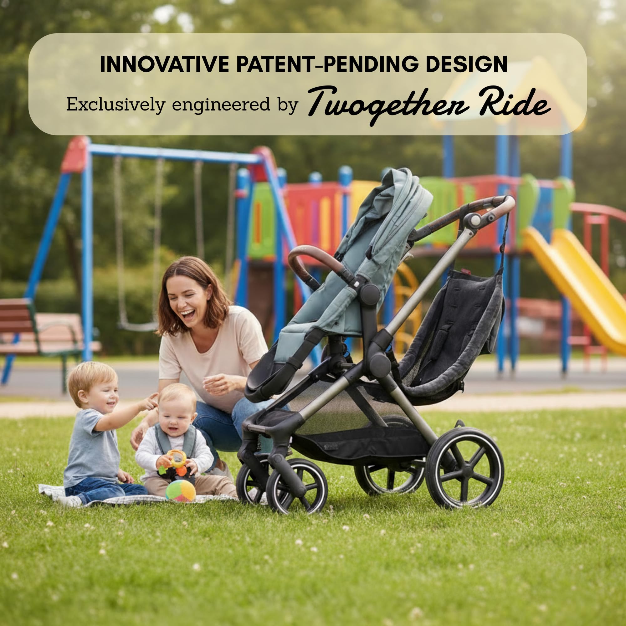 Twogether Ride hammock seat attachment—travel-friendly setup for quick stroller conversion