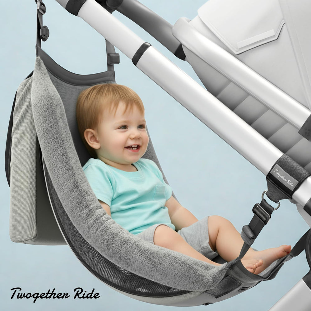 Twogether Ride hammock seat attachment demonstrates universal-fit concept on various stroller brands