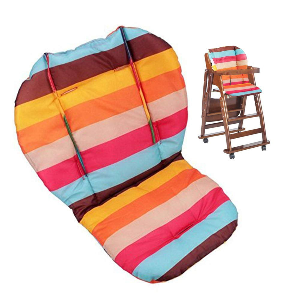 twoworld baby high chair cushion rainbow striped front view shows waterproof fabric for mess-free meals.