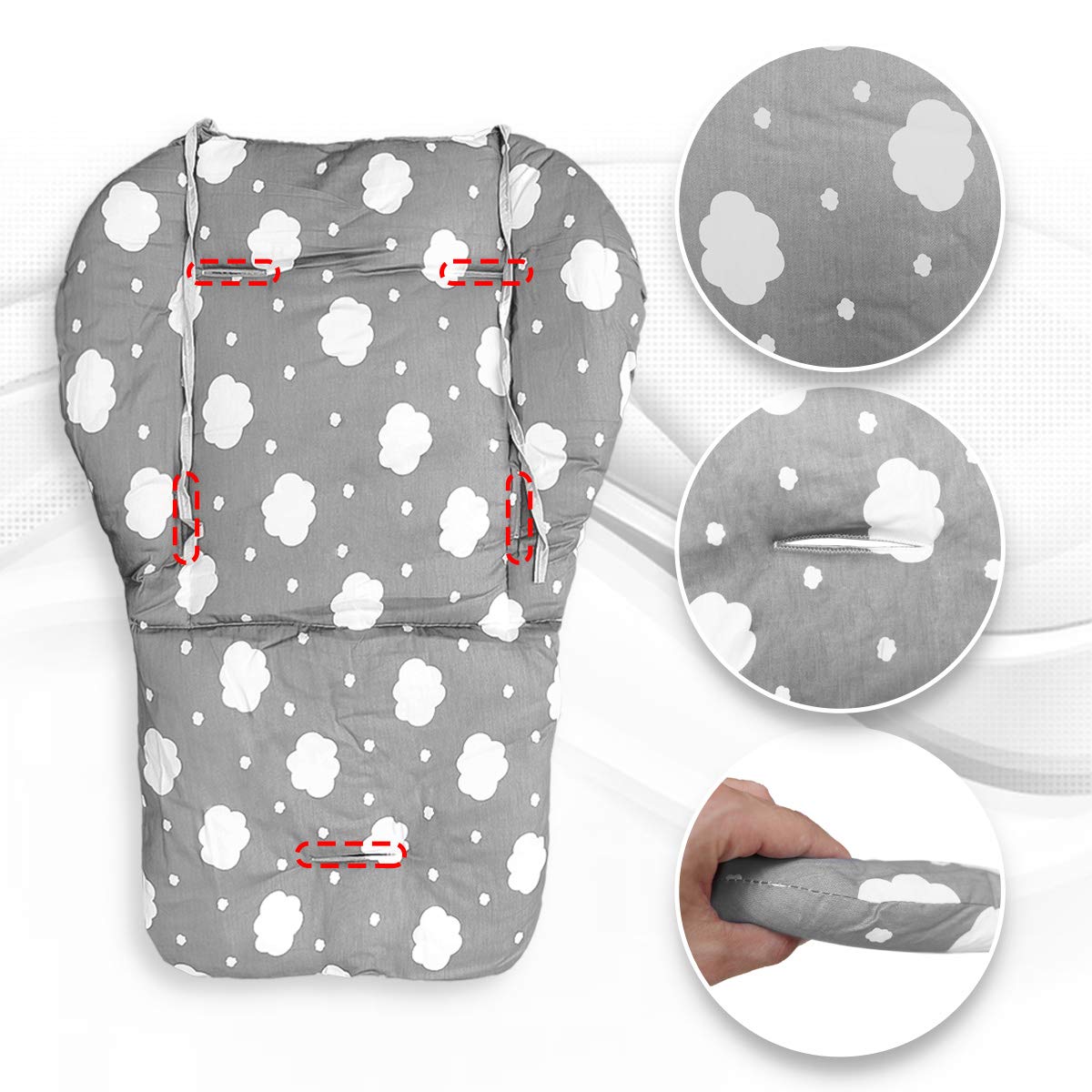 Twoworld high chair cushion gray clouds close-up texture emphasizes soft, non-slip cover and plush filling